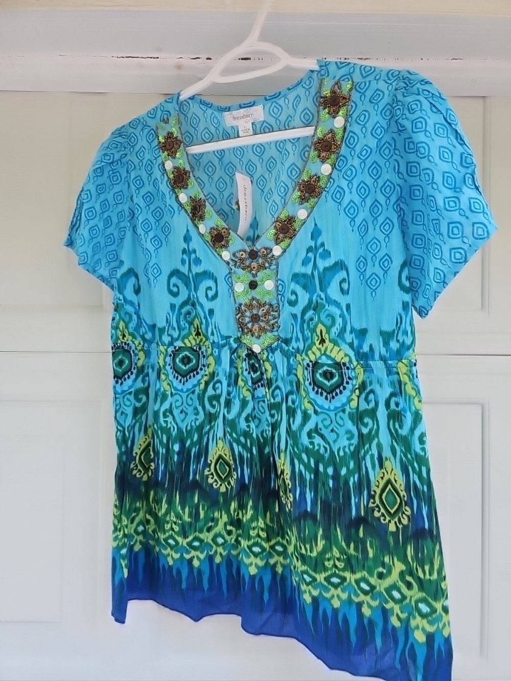 Dressbarn Blue Green Patterned Embellished V-Neck Tunic XL